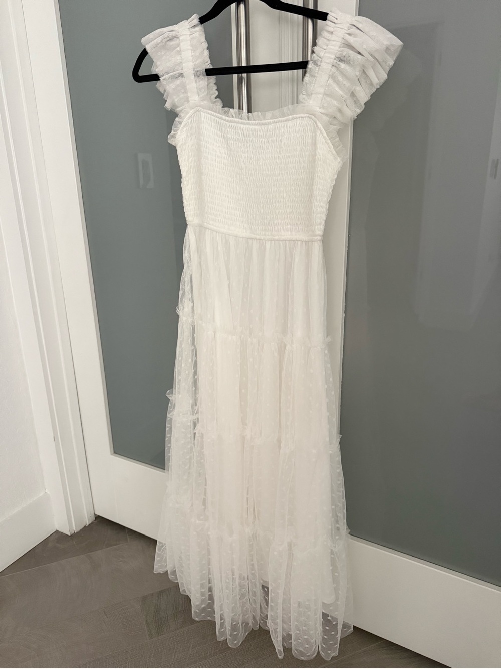 Blu Pepper White Smocked Swiss Dot Maxi Dress